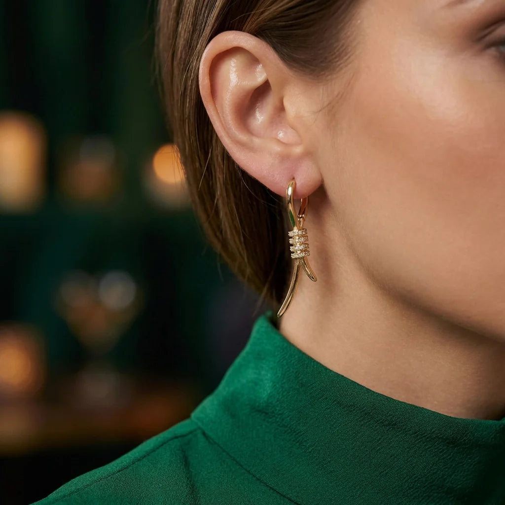 Enchanted Vine Korean Gold Stud Earrings – Dainty CZ Vine Drop