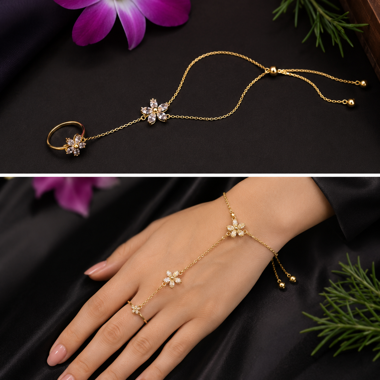 Flower Hand Bracelet – Gold Plated with American Diamonds