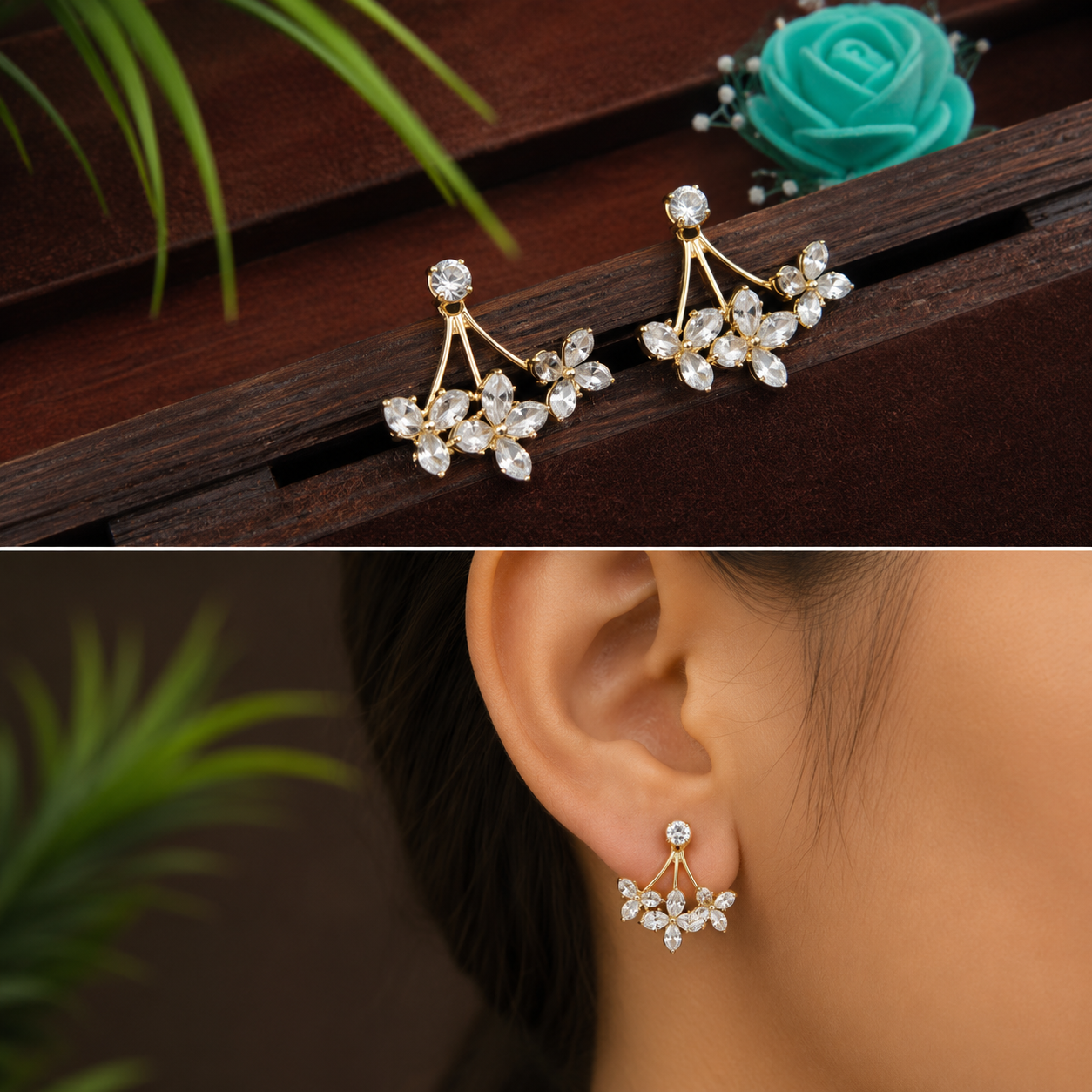 Korean Gold Plated Floral Drop Earrings – Dainty Flower CZ
