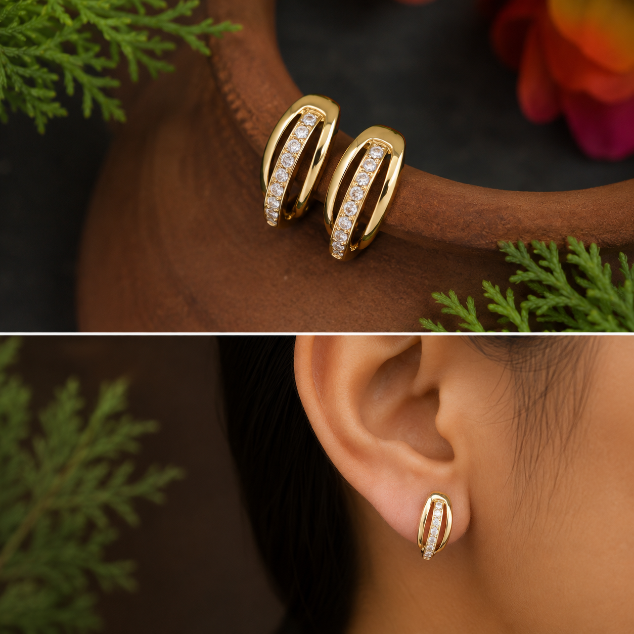 Moonlit Crystal Twist Hoops – Korean Gold Plated Earrings
