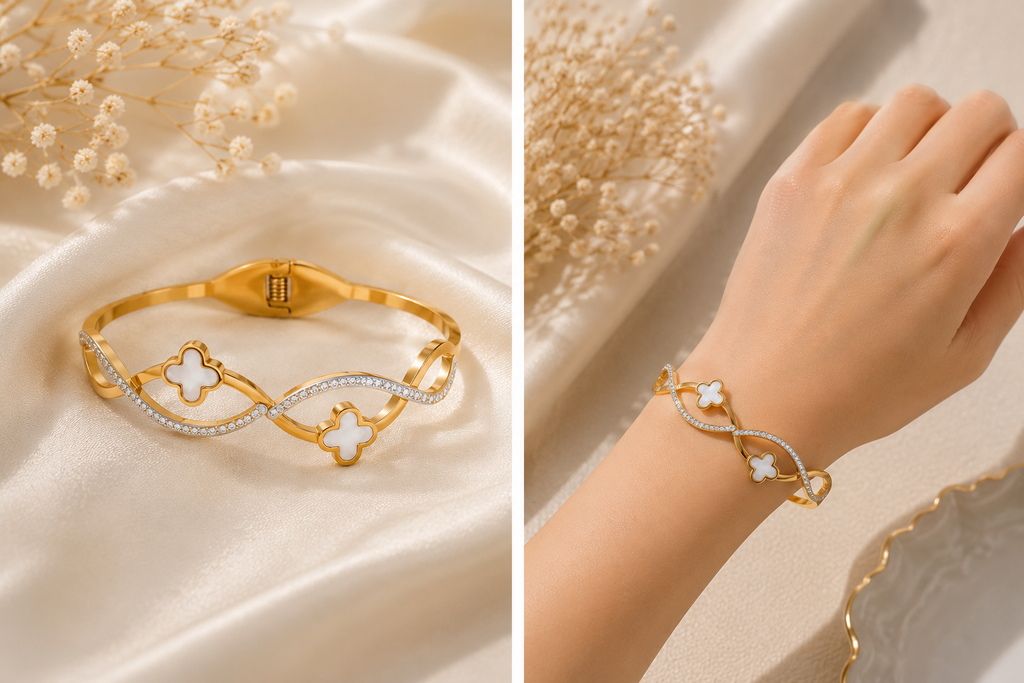 Elegant Gold Clover Crystal Cuff Bracelet