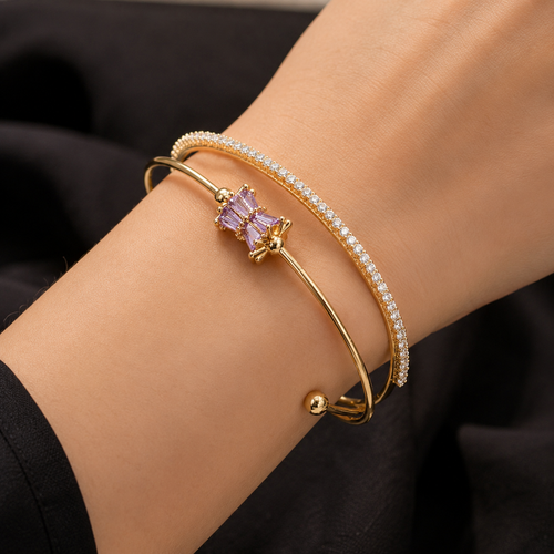 14K Gold Color CZ Purple Crystal Charm Adjustable Open Cuff Bangle