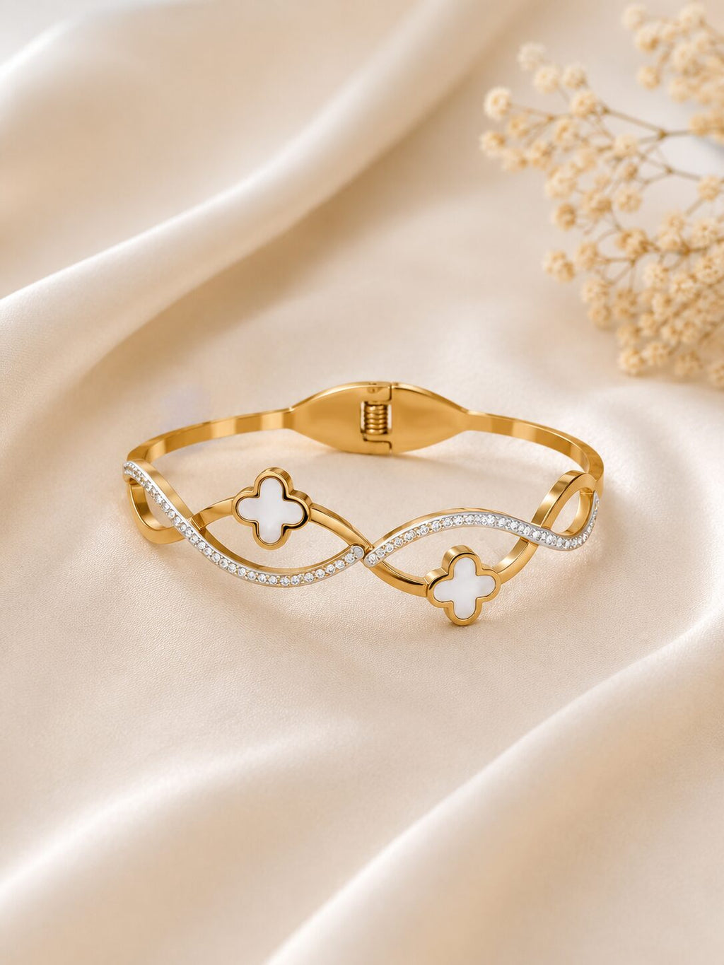Elegant Gold Clover Crystal Cuff Bracelet