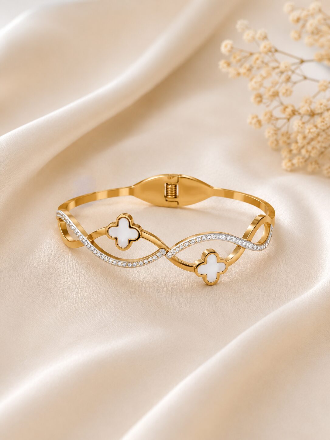 Elegant Gold Clover Crystal Cuff Bracelet