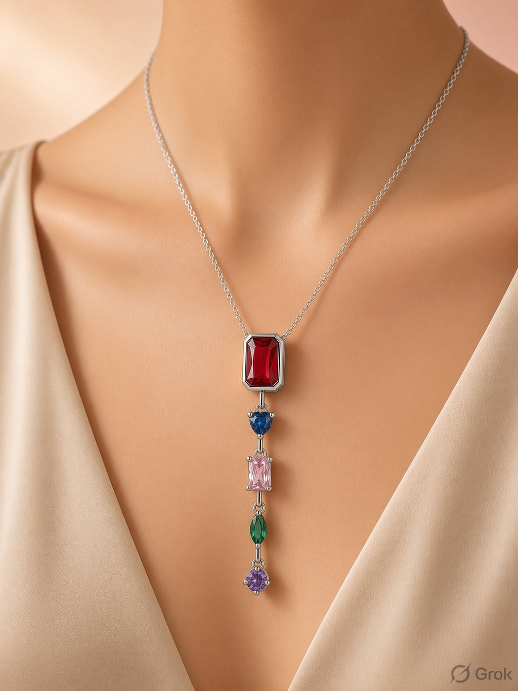 Ruby & Sapphire Multicolor Gemstone Pendant Necklace Silver