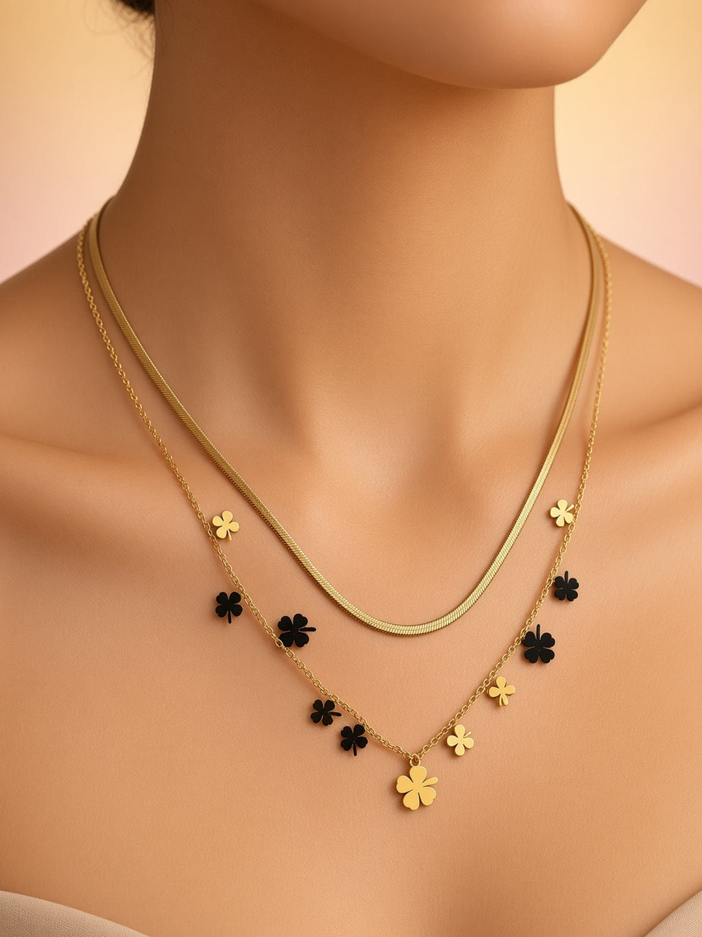 Black & Gold Clover Layered Necklace