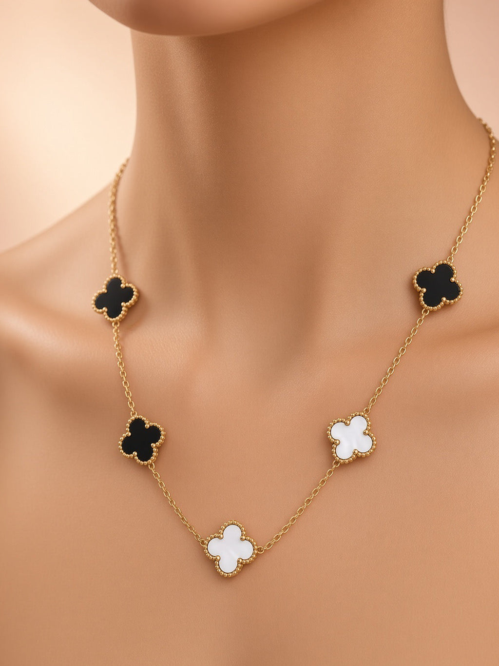 Noir & Pearl Clover Charm Necklace