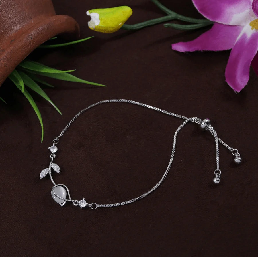 Korean Silver Plated Floral Leaf Design CZ Adjustable Bracelet