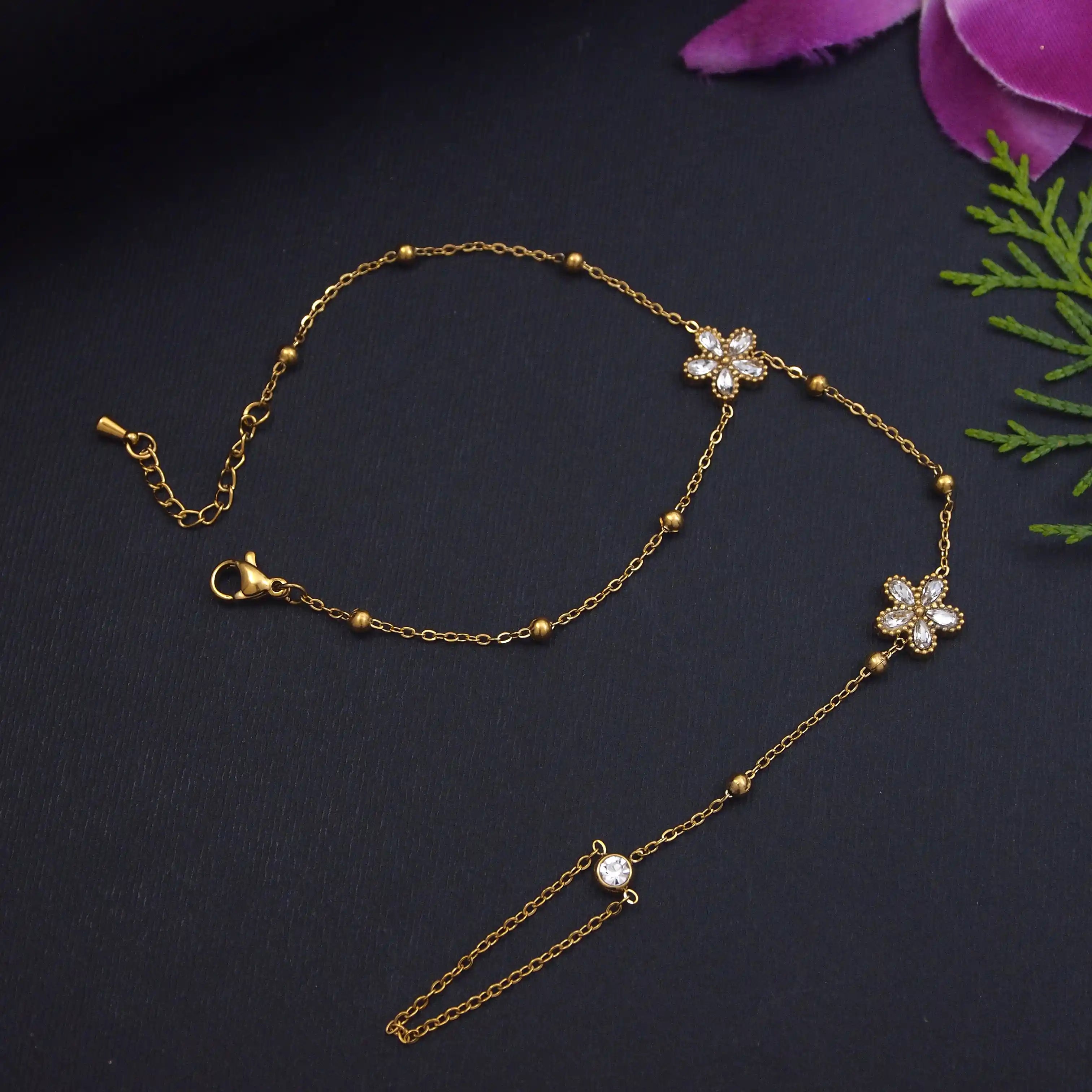 Flower Hand Bracelet – Gold Plated with American Diamonds