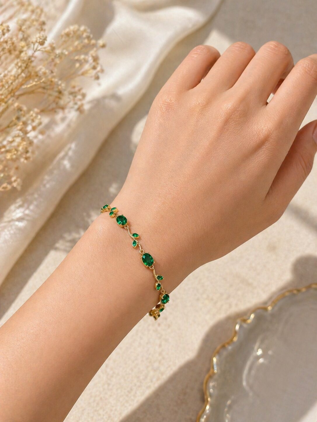 Tulip Green Stone Anti-Tarnish Bracelet for Women