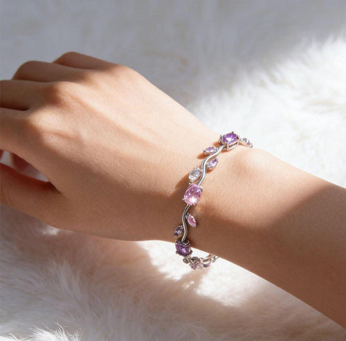 Anti-Tarnish Silver Tulip Stainless Steel Bracelet with Purple, Pink & White Stones