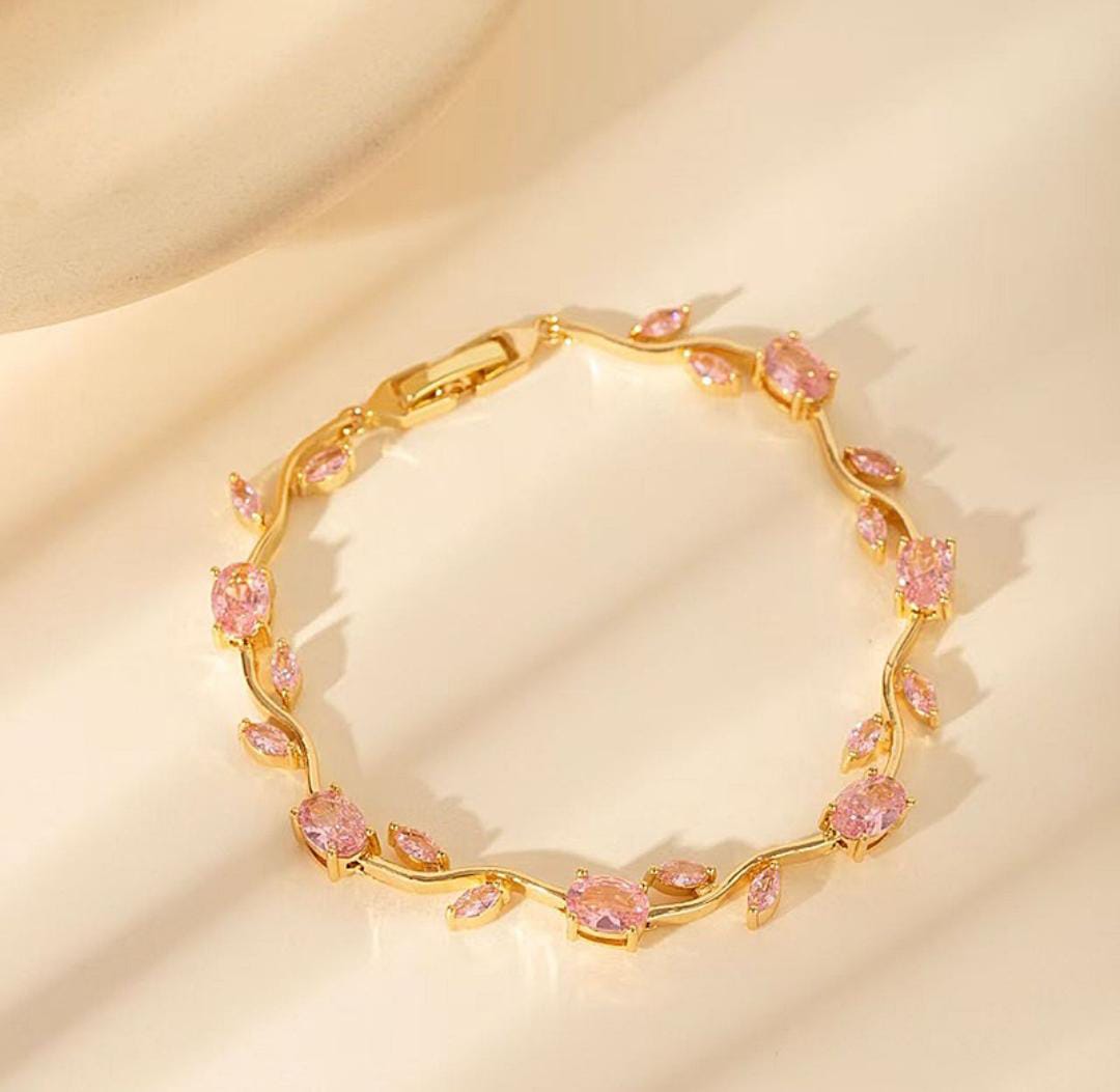 Anti-Tarnish Tulip Stainless Steel Bracelet with Pink, Purple & White Stones