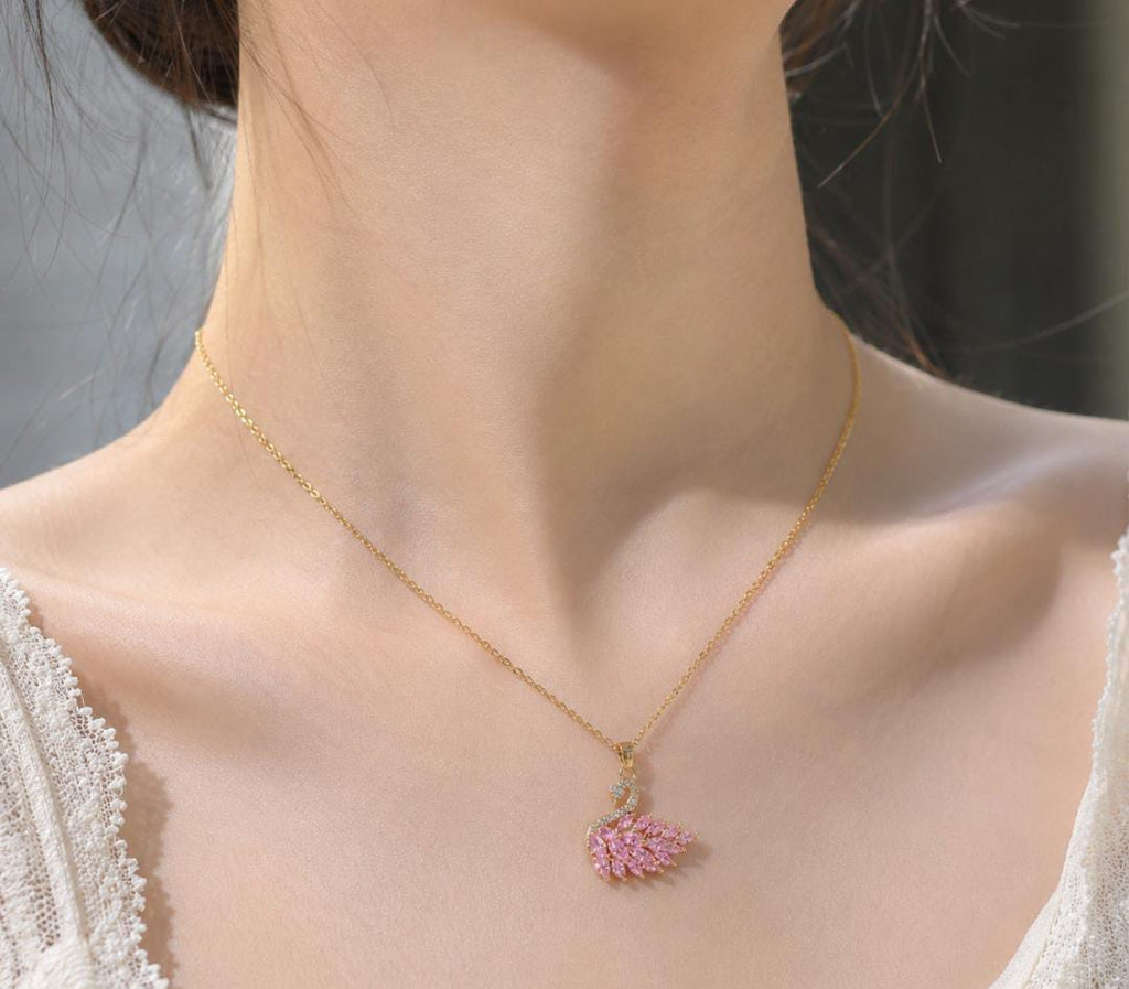 Anti-Tarnish Trendy Pink Swan Pendant Stainless Steel Necklace