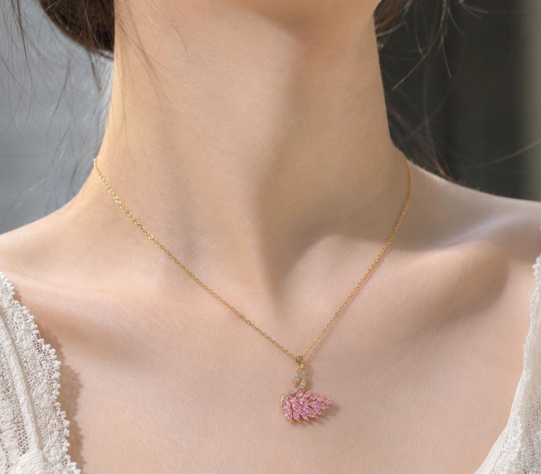 Anti-Tarnish Trendy Pink Swan Pendant Stainless Steel Necklace