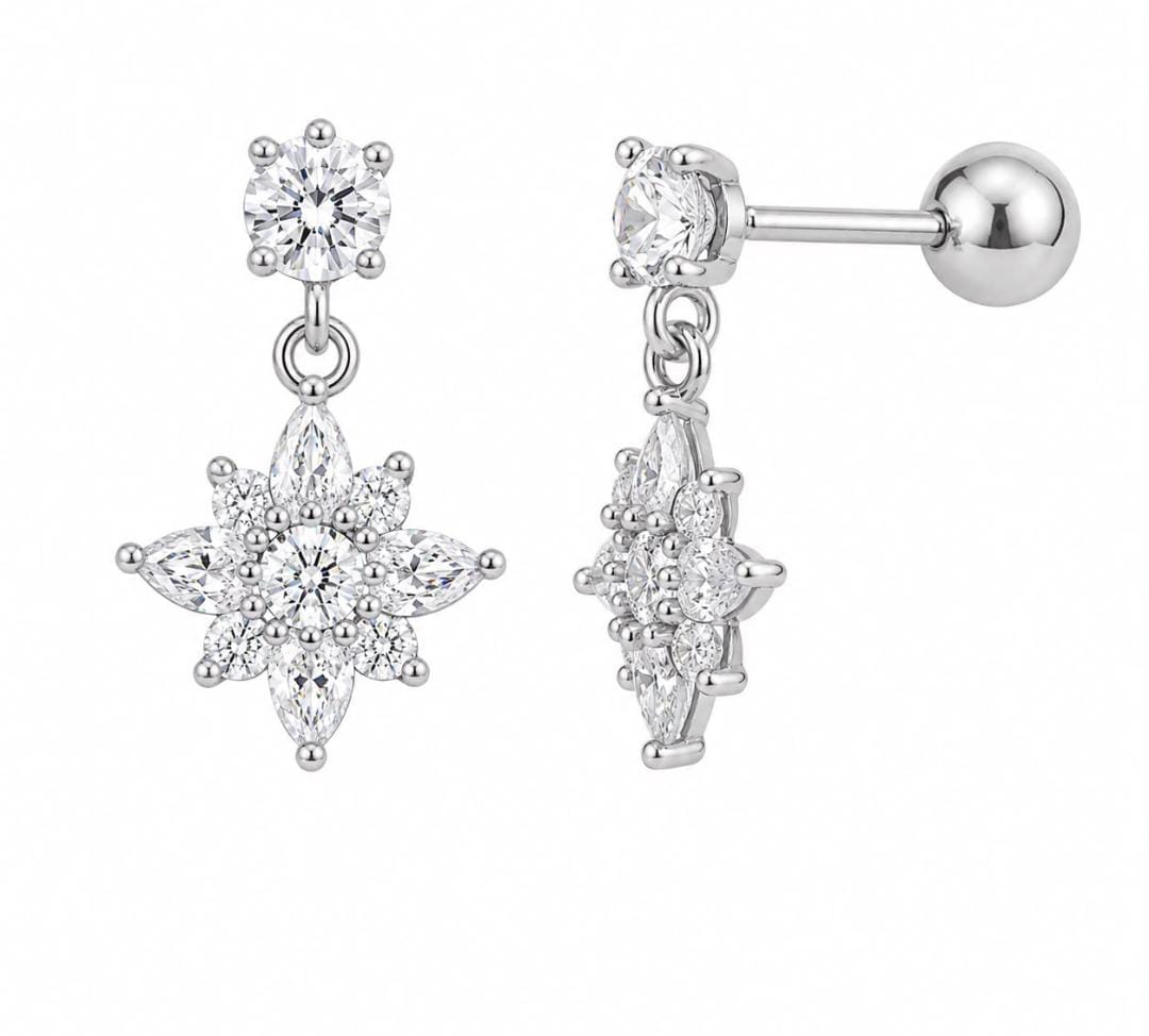 Anti-Tarnish Stainless Steel Rhodium Silver CZ Star Gaze Drop Stud Earrings
