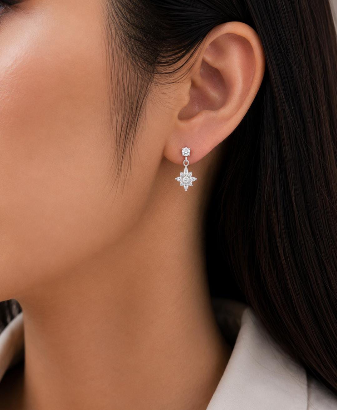 Anti-Tarnish Stainless Steel Rhodium Silver CZ Star Gaze Drop Stud Earrings