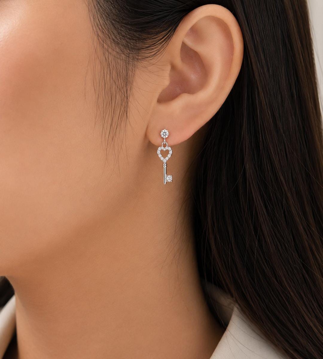Anti-Tarnish Stainless Steel Rhodium Silver CZ Key Heart Drop Stud Earrings