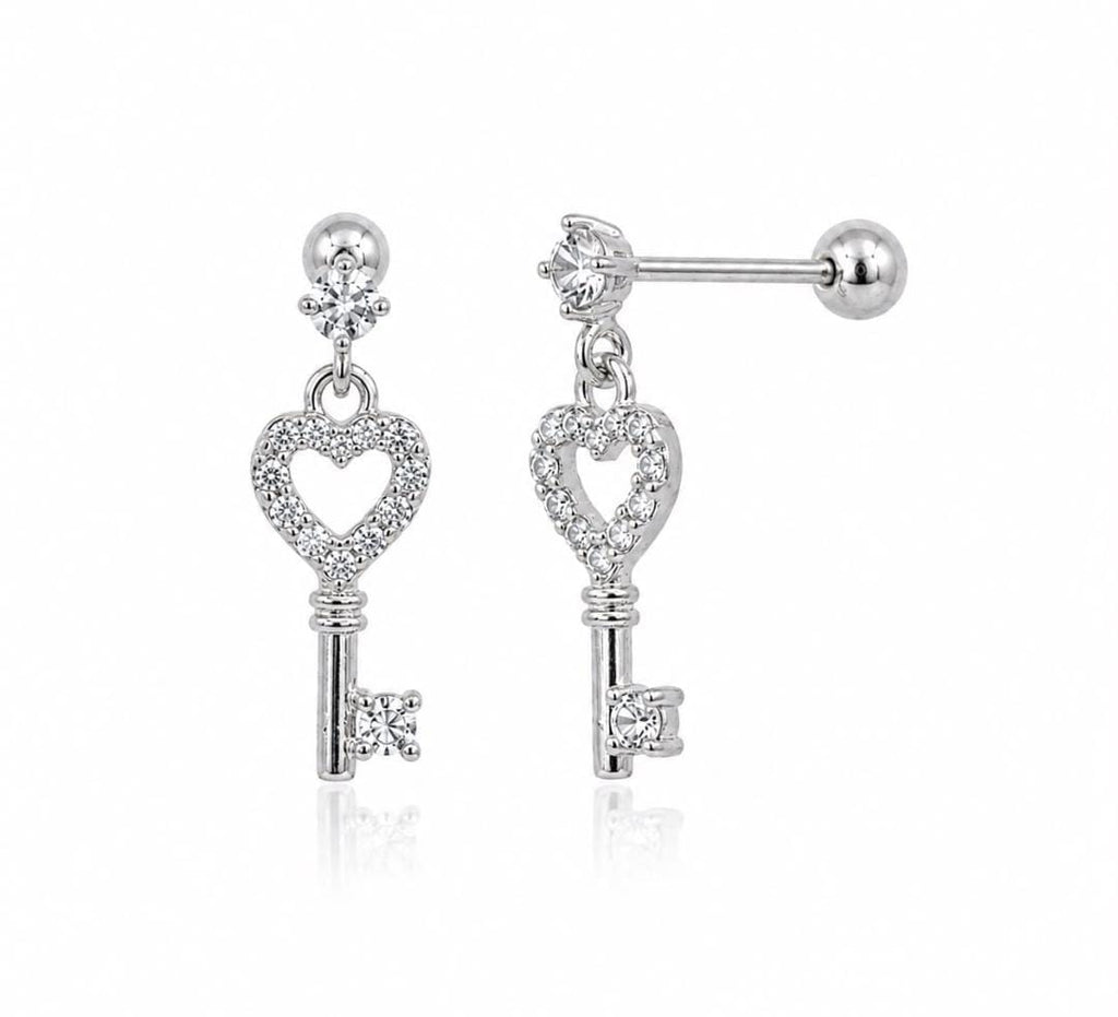 Anti-Tarnish Stainless Steel Rhodium Silver CZ Key Heart Drop Stud Earrings