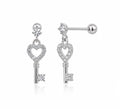 Anti-Tarnish Stainless Steel Rhodium Silver CZ Key Heart Drop Stud Earrings