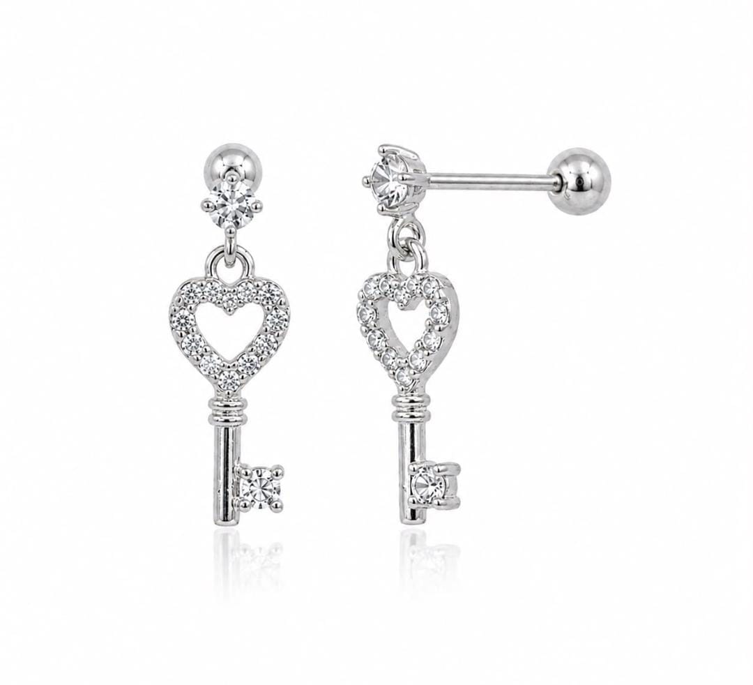 Anti-Tarnish Stainless Steel Rhodium Silver CZ Key Heart Drop Stud Earrings