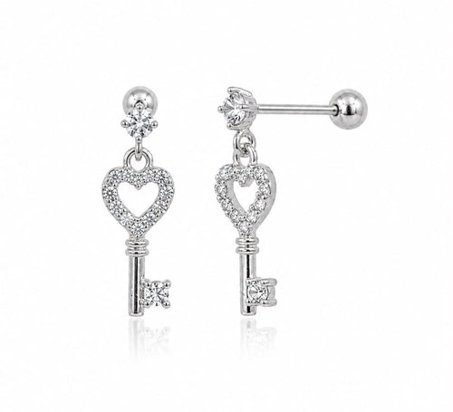 Anti-Tarnish Stainless Steel Rhodium Silver CZ Key Heart Drop Stud Earrings